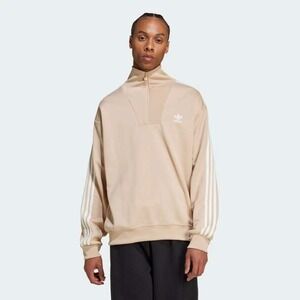 Adidas Half Zip Pullover Sweatshirt Beige Trefoil Stripe Mock‎ Neck Mens S NWT